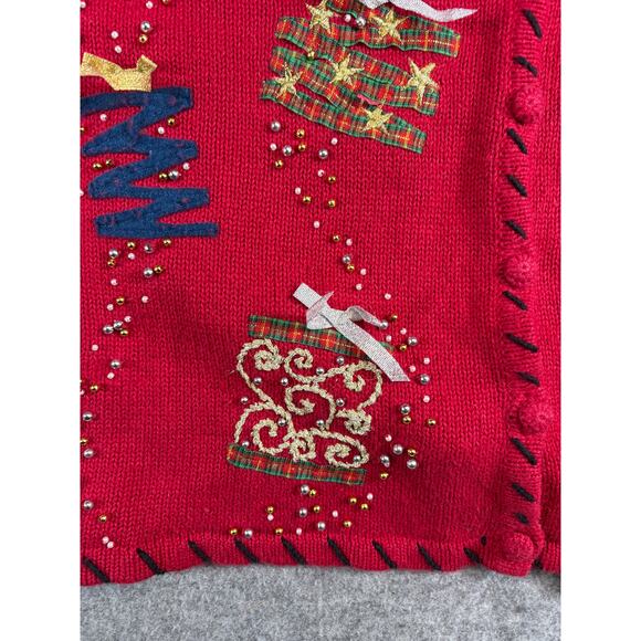 VTG Studio Joy Christmas Cardigan Women M Red Knit Beaded Patchworks Grandma 90s - Picture 9 of 10